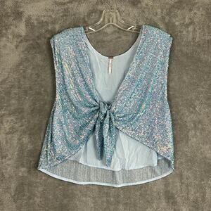 Free People Erin Sequin Top Womens XS Blue Tie Front Boho Festival Hippie